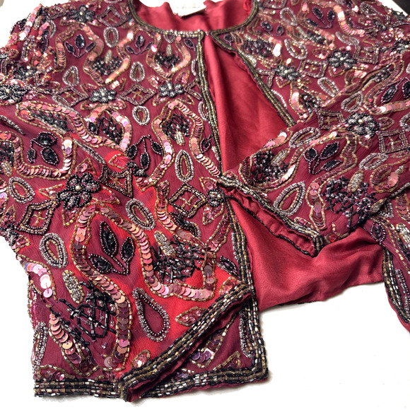 Vintage STENAY Beaded Silk Jacket Size L FLAWS Burgundy Wine Dark Red Floral - Picture 2 of 13
